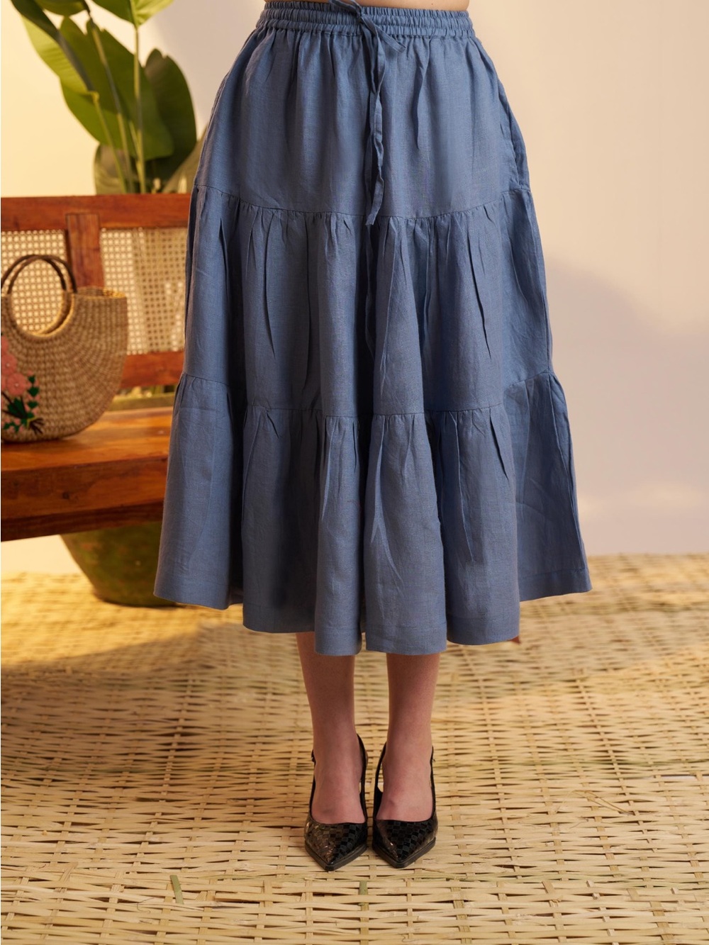 100% Linen Tiered Maxi Skirt with Drawstring Waist (Black)